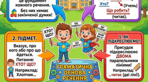 Навчальний плакат про головні слова в реченні "Підмет і присудок"
