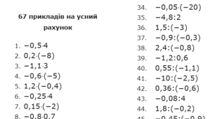 67 прикладів для усного рахунку на дії із раціональними числами