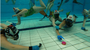 Listening. Sports. Text "The Underwater Team Sport"
