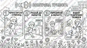 Інтерактивна розмальовка-плакат «Алгоритм дій під час повітряної тривоги» (9 частин, формат 3х3)+розмальовки