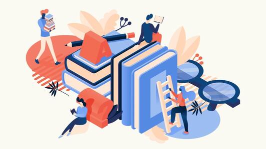 Векторна ізометрична сцена з великими книгами, окулярами, літерою a та людьми, які читають