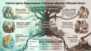 Символічність образів Мавки й дядька Лева – уособлення духовності й краси. Мати Лукаша й Килини – антиподи головній героїні Мавці в драмі-феєрії Лесі Українки “Лісова пісня”. Симбіоз високої духовності і буденного прагматизму в образі Лукаша.
