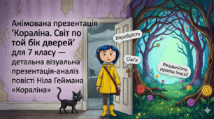 Анімована презентація "Кораліна. Світ по той бік дверей"  для 7 класу  — детальна візуальна презентація-аналіз повісті Ніла Геймана «Кораліна».