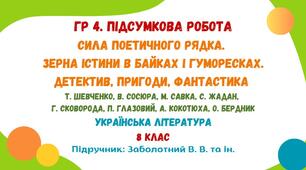 ГР 4. Підсумкова робота №4. Сила поетичного рядка. Зерна істини в байках і гуморесках. Детектив, пригоди, фантастика. Українська література. 8 клас НУШ (підручник: Заболотний В. В. та ін.)