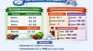 Порівняння солодкості вуглеводів та підсолоджувачів