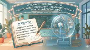 УМР. Контрольний вибірковий письмовий переказ тексту наукового стилю (з використанням складних речень з різними видами зв’язку)