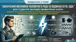 Завдання з теми "Закінчення іменників чоловічого роду (ІІ відміна) в Р.в одн." для студентів закладів професійної освіти, професія "Електромонтер з ремонту та  обслуговування  електроустаткування; електромонтер  охоронно – пожежної сигналізації".
