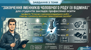 Завдання з теми "Закінчення іменників чоловічого роду (ІІ відміна)" для студентів закладів професійної освіти, професія "Слюсар з механоскладальних робіт; слюсар з ремонту колісних транспортних засобів"