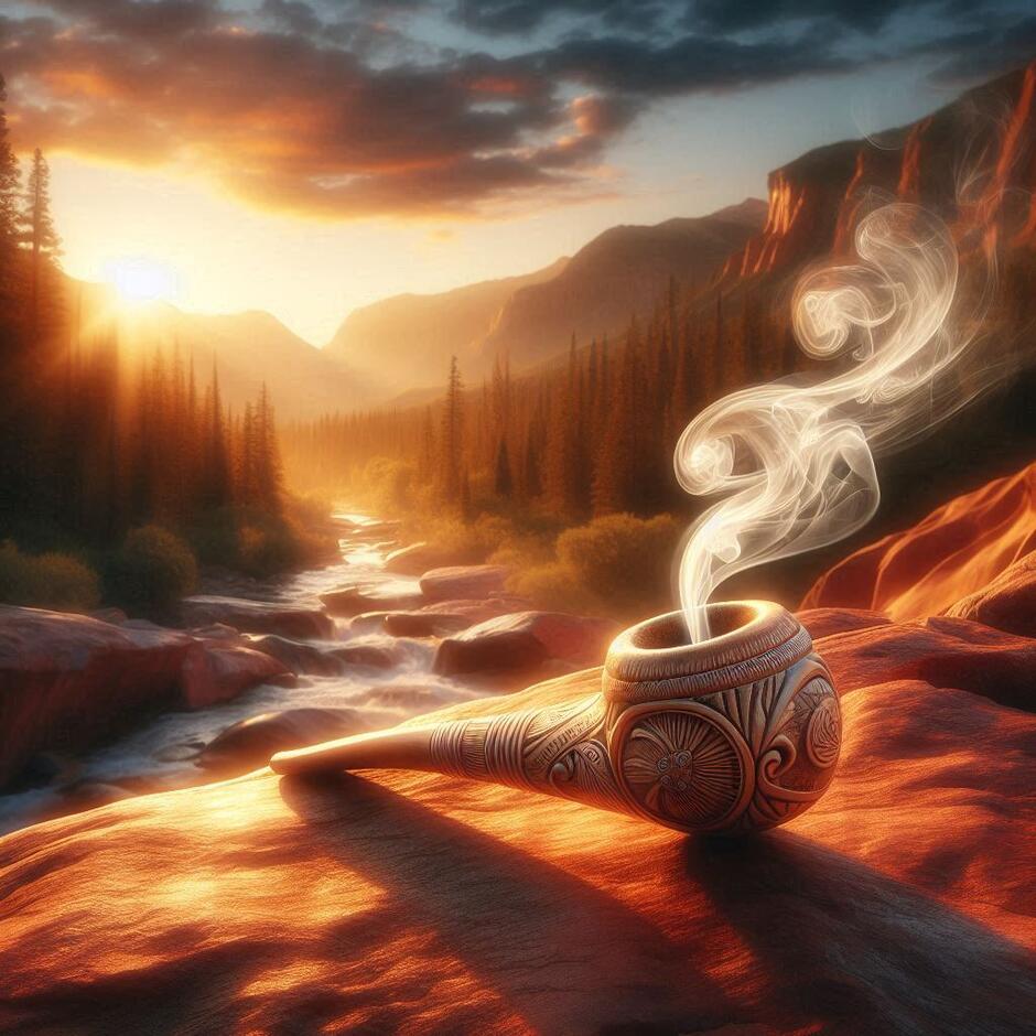 Промпт: A sacred Native American peace pipe lying on a red rock, thin trail of white smoke rising towards the sky, mystical atmosphere, sunset lighting, forest and mountains in the distance, spiritual vibe, highly detailed digital art.