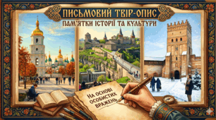 Презентація +конспект  до уроку розвитку мовлення у 8 класі "Твір-опис пам'ятки історії та культури на основі особистих вражень"