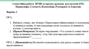 Самостійна робота  НУШ за трьома групами  результатів (ГР). Першозвірі, Сумчасті, Комахоїдні, Рукокрилі та Гризуни.