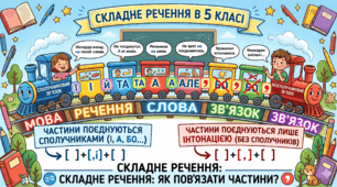 Презентація+ конспект + дидактичний матеріал до уроку української мови у 5 класі "Складне речення з безсполучниковим та сполучниковим зв'язком"