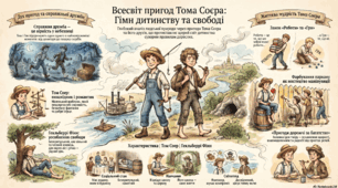 Марк Твен «Пригоди Тома Соєра». Життя містечка і пригоди юних друзів. Всесвіт пригод Тома Соєра: Візуальна мапа смислів, героїв та життєвої мудрості. Інфографіка.