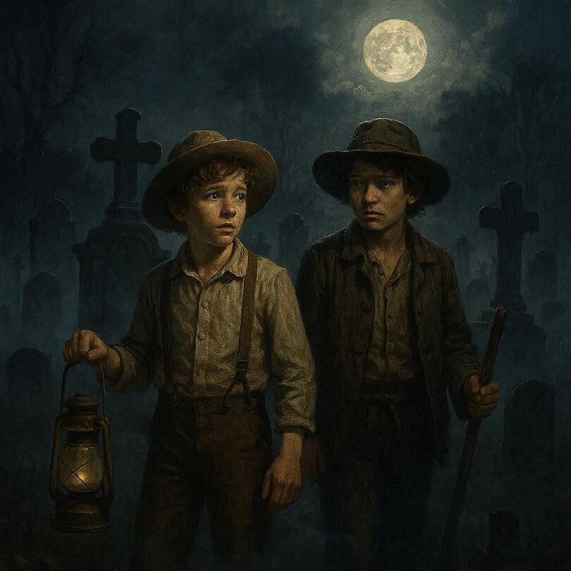 «Cinematic book illustration, Tom Sawyer and Huckleberry Finn at the night cemetery, dark mysterious atmosphere, foggy tombstones, moonlight, realistic character design, 5th-grade literature style, high detail, 4k.»