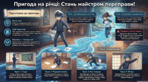 "Переправа через річку" - інфографіка правил рухливої гри  для уроків фізичної культури онлайн.