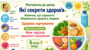 Матеріали до уроку. 🥗🎥📊Які секрети здоров'я. Навички, що сприяють збереженню здоров’я людини. Здорове харчування. Практична робота. Моя тарілка здорового харчування. 5 кл нуш Відео, презентація, інфографіка