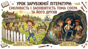 Презентація + конспект уроку зарубіжної літератури у 5 класі "Сміливість та заповзятість Тома Соєра та його друзів"