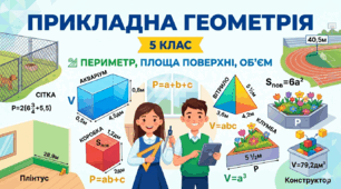 Прикладні геометричні задачі з математики для 5 класу: Периметр, Площа поверхні та Об’єм