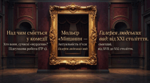 Мольєр. «Міщанин шляхтич». Засоби комічного (гумор, іронія, сатира, сарказм).  ГР 1. Підсумкова робота. Усний твір-роздум.  «Над чим сміється Мольер у комедії «Міщанин — шляхтич»?»