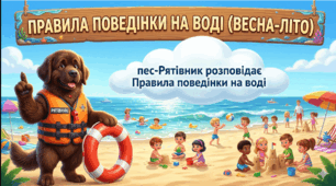 Презентація: «Правила поведінки на воді (весна-літо)» Пес- Рятівник розповідає правила поводження на воді.
