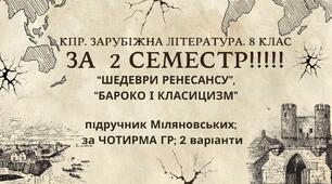 Комплексна ПР. 8 клас. Зарубіжна література. "СЕМЕСТРОВА (2 семестр)" (МНП Ніколенко); за ЧОТИРМА ГР; 2 варіанти; Підручник Міляновських