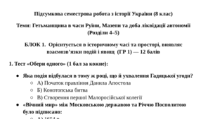 Підсумкова семестрова (2 семестр) робота з історії України (8 клас) Теми: Гетьманщина в часи Руїни, Мазепи та доба ліквідації автономії (Розділи 4–5)