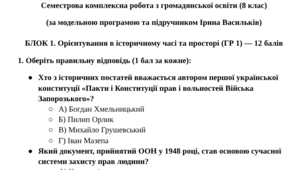 Семестрова комплексна робота з Громадянської освіти (8 клас)  (підручник І. Васильків)
