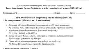 Діагностувальна семестрова робота з історії України (7 клас) Тема: Королівство Руське. Українські землі у складі сусідніх держав (XIV–XV ст.)