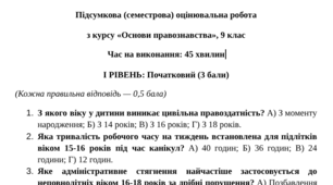 Підсумкова (семестрова (2 семестр) оцінювальна робота з курсу «Основи правознавства», 9 клас