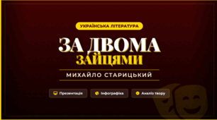 Комплект навчальних презентацій та інфографік до аналізу комедії «За двома зайцями» М. Старицького