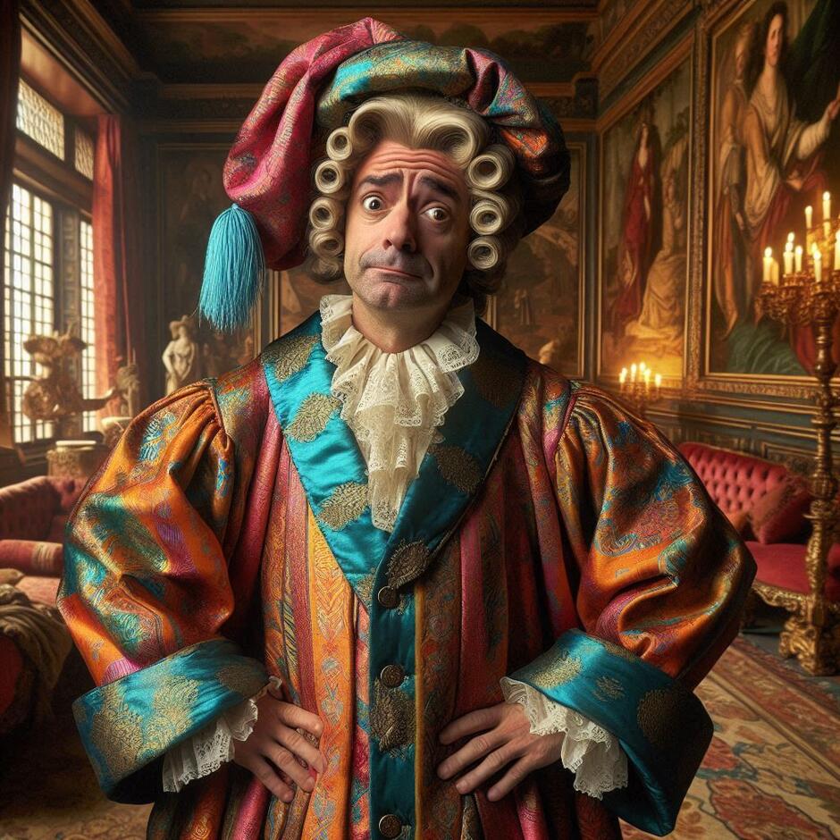 A middle-aged man in 17th-century France, wearing a ridiculous, brightly colored silk dressing gown and a nightcap. He has a funny, confused but very proud facial expression. High-quality theatrical style, cinematic lighting.