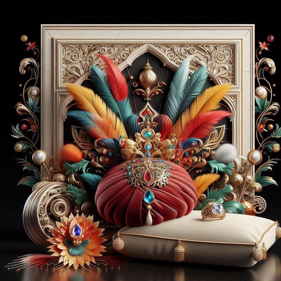 A professional educational cover design for a literature test on Molière's "The Bourgeois Gentleman". In the center, a stylized 17th-century theatrical curtain, a colorful Turkish turban with feathers, and a glittering diamond ring on a velvet cushion. Elegant baroque ornaments, high-quality 3D render, bright lighting, artistic composition, academic but modern style. No text.