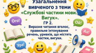 Узагальнення вивченого з теми «Службові частини мови. Вигук». ГР 2. Виразне читання вголос, правильне інтонування речень, уривків, що містять частки, вигуки.