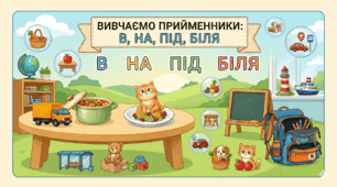 Прийменники  в (у), на, під, біля (інтерактивна презентація для розвитку мовлення + логіка, словник, увага)