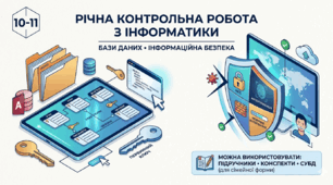 Річна контрольна робота з інформатики для 10–11 класів (рівень стандарту). Теми: «Бази даних» та «Інформаційна безпека».Також використовується для сімейної форми навчання та екстернату.