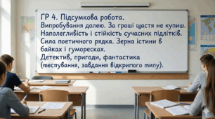 ГР 4. Підсумкова робота. Випробування долею. За гроші щастя не купиш. Наполегливість і стійкість сучасних підлітків. Сила поетичного рядка. Зерна істини в байках і гуморесках. Детектив, пригоди, фантастика (тестування, завдання відкритого типу).