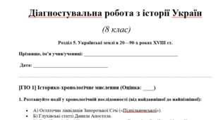 Діагностувальна ( комплексна підсумкова)робота   (8 клас) Розділ 5. Українські землі в 20—90-х роках XVIII ст.