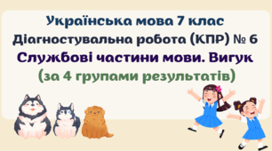 Діагностувальна робота (комплексна підсумкова робота / КПР) з теми "Службові частини мови. Вигук". Українська мова 7 клас. 4 групи результатів
