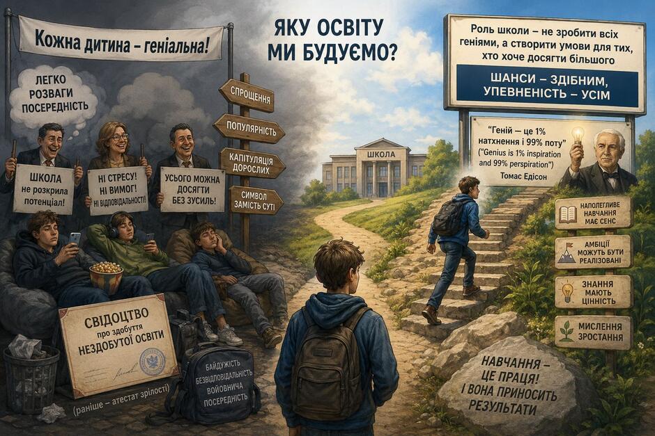 На зображенні може бути: текст «Кожна дитина гениальна! ЛЕГКО РОЗВАГИ ПОСЕРЕДНЕСТЬ ЯКУ OCBITY ми БУДУЕМО? СПРОЩеННЯ Роль школи не зробити BCİX гениями, створити умови для тих, хто хоче досягти бильшого ПОПУЛЯРНИСТЬ ШКОЛА не розкрила потенциал! ШАНСИ ЗДиБНИМ, УПЕВНЕНЕСТЬ УСИ НСТРЕСУ! НВИмОГ! НРУДПОВΙДАЛЬНОсП: КАПИТУЛЯЦИЯ ДОРОСЛИх УСЬОГО МОЖНА досяГТИ БЕЗ ЗУСИЛЬ! ШКОЛА СиМВОЛ ЗАМСТЬ CYTI "Ген.й це 1% натхнення 99% поту" ("Genius 1% inspiration and99%perspiration") perspiration") and Томас Едίсон НАПОЛЕгЛИВЕ 目自 MAE СЕНС АВЧАННЯ ДМБЦЙ моЖУТЬ БУТИ РЕАЛИЗОВАНЕ СВИДОЦТВО НЕЗДОБУТО! НЕЗДОБУТОТОСВΙТИ здобутт ОСВИТИ ЗНАННЯ мАЮТЬ ЦИННТЬ зралостй) БАЙДУЖИСТЬ БЕЗВЦДПЮВНДАТЬНИСТЬ ВОЙОВНИЧА ПОСЕРЕДНИСТЬ МИСЛЕННя ЗРОСТАННЯ НАВЧАННЯ ЦЕПРАЦЯ! ЦЕ ВОНА»