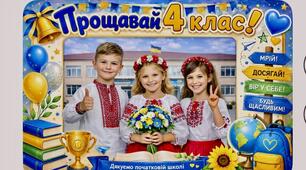 Фоторамка "ПРОЩАВАЙ 4 КЛАС!" до свята "Прощавай, початкова школо!" чи свята Останнього дзвоника для створення великого святкового банера або фотозони