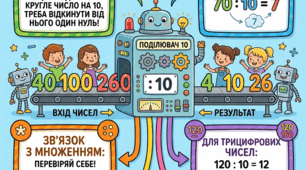 Навчальний плакат для початкових класів «Ділення виду а : 10" Легкий спосіб ділити на 10. Формат A3, придатний для друку.»