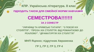 КПР за 2 семестр. СЕМЕСТРОВА!!!!! 8 клас. Українська література. МНП Яценко; підручник Авраменка; ГР 1, ГР 2, ГР 3, ГР 4