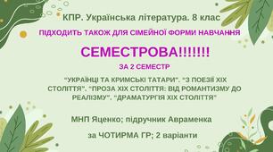 КПР за 2 семестр. 8 клас. Українська література. МНП Яценко; підручник Авраменка; за ЧОТИРМА ГР; 2 варіанти