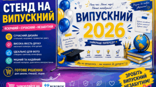 Банер “Випускний 2026 — Яскраве свято майбутнього” — сучасний святковий дизайн для оформлення школи, фотозони та урочистих подій, ідеальний для друку у великому форматі.