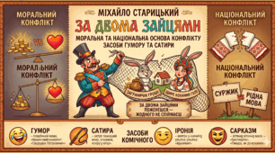Презентація + конспект уроку української літератури у 8 класі "М. Старицький. «За двома зайцями»: моральна й національна основа конфлікту. Засоби гумору та сатири"
