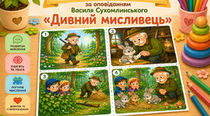 Мнемотаблиця за оповіданням Василя Сухомлинського «Дивний мисливець» (4 картки + текст оповідання)