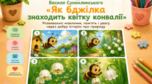 Мнемотаблиця за оповіданням Василя Сухомлинського «Як бджілка знаходить квітку конвалії» (4 картки + текст оповідання)