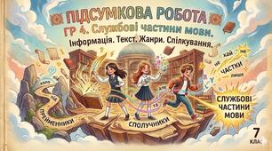 ГР 4. Підсумкова робота. Службові частини мови. Вигук. Інформація. Текст. Жанри мовлення. Спілкування