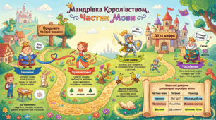 Відкритий урок "Мандрівка королівством Частин Мови. Повторення й узагальнення вивченого про частини мови" Конспект+ Презентація+ Матеріали для друку