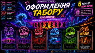 Готовий набір для пришкільного табору 2026 | Постери + емблеми + речівки для 6 команд